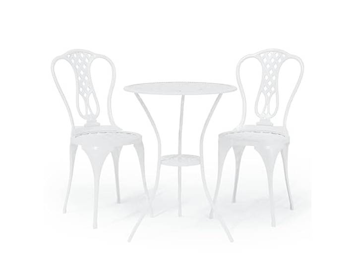 PUGYNBK Bistrotisch und Stühle, 3-teilig, Aluminiumguss, Weiß Wetterfest, langlebig, romantisches Blumenmuster, Kapazität 110 kg pro Sitz