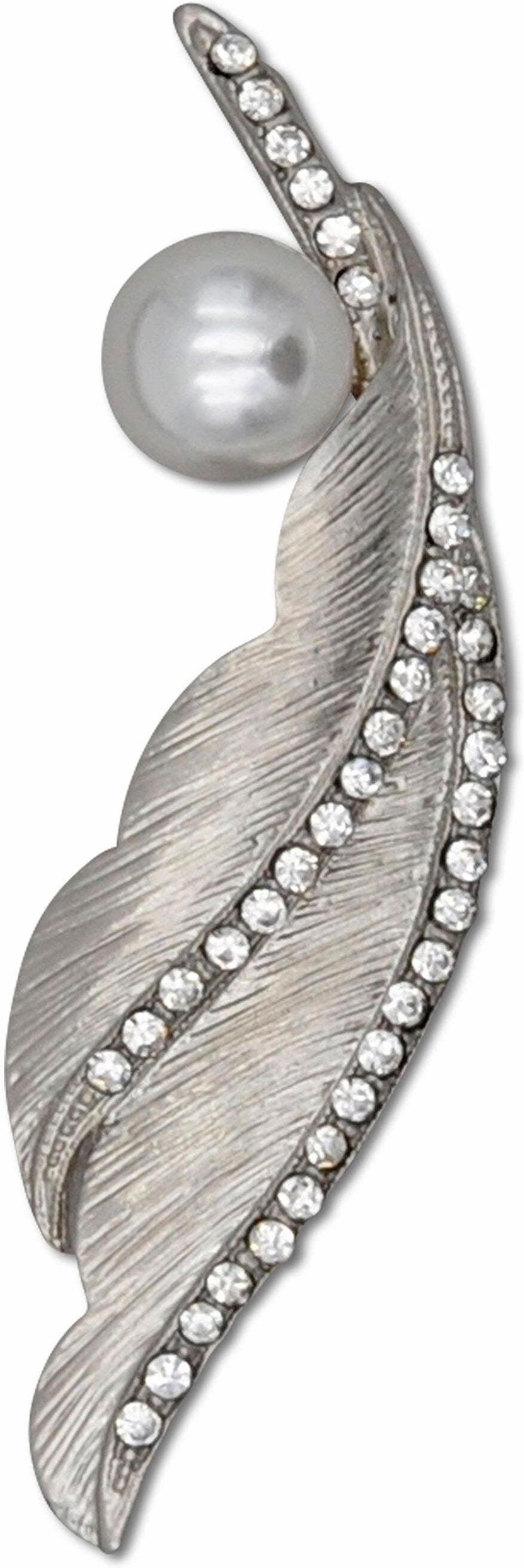 Brosche FIRETTI "Schmuck Geschenk Ansteckschmuck geschwungene Blattoptik mit Struktur", weiss (metallfarben, weiß, weiß), Broschen, Damen, Metall, Perlen, Brosche, mit Glassteinen - mit Kunststoffperle metallfarben, weiß, weiß Einheitsgröße