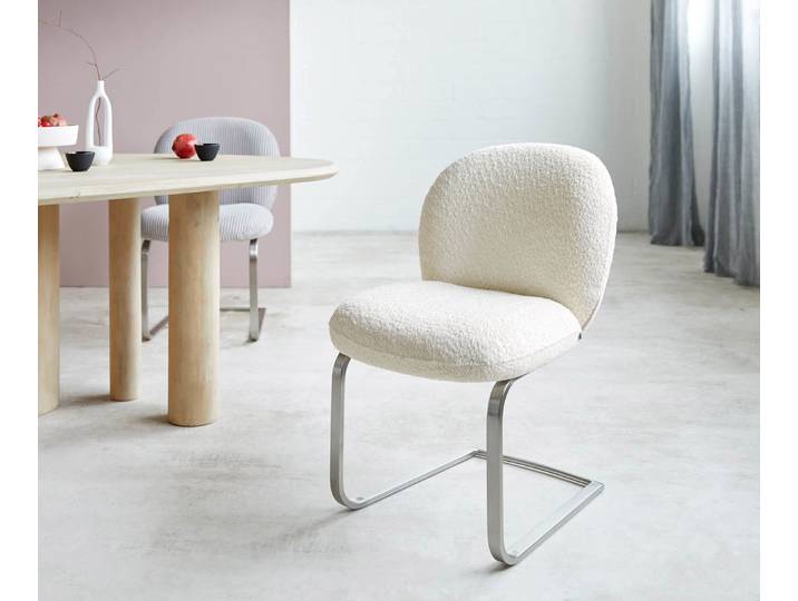 Freischwinger Nube-Flex Bouclé Weiß Freischwinger flach Edelstahl Taschenfederkern, Esszimmerstühle