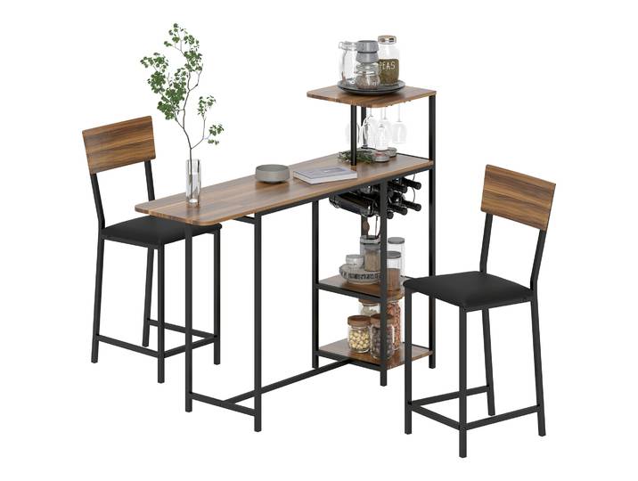 Ensemble de table de bar Homcom avec côtés pliables, porte-vin et 2 tabourets de style industriel, marron et noir