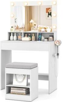 Costway 31.5 Inches Vanity Desk with 3 Lighting Modes and Storage Shelves-White