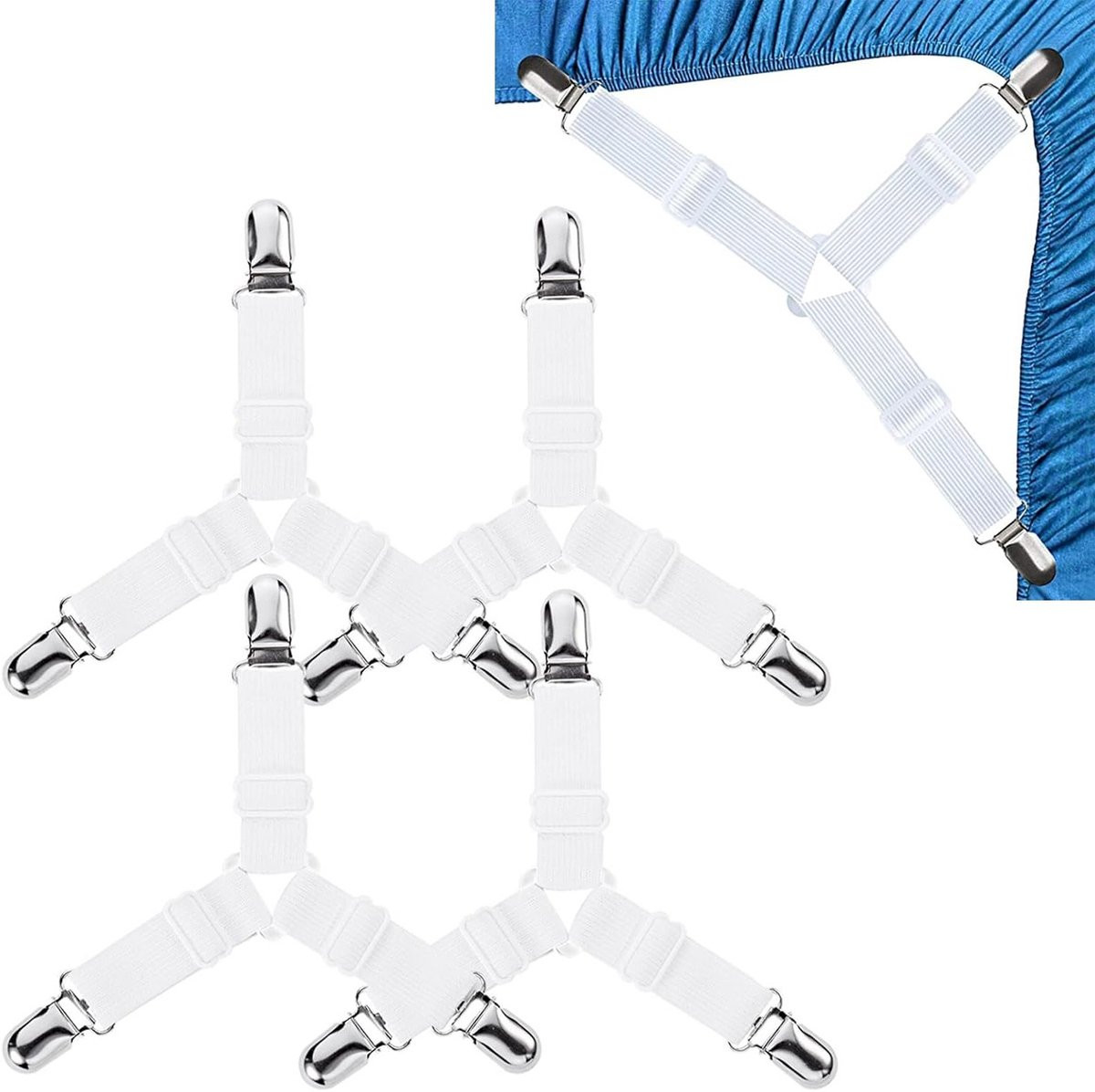 4 stuks Verstelbare Bedlakens Klemmen met Metalen Clips, Elastische Tensioners voor Strak Beddegoed, Wit