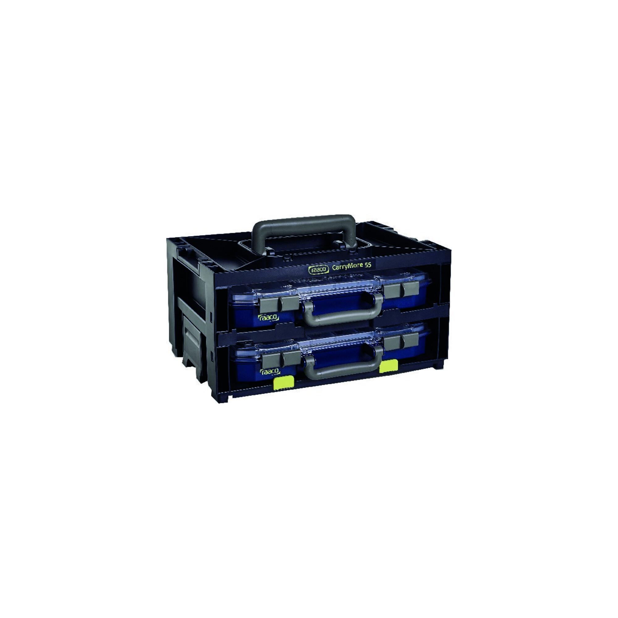 raaco CarryLite 55 Sortimentskastentresor aus Polypropylen mit transparentem Deckel, B386xT278xH195mm, 16 je Koffer, 146395)
