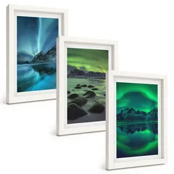 BILDER SET 3er Set - 20x30 cm Weißer Rahmen - Winterlandschaft der Aurora borealis