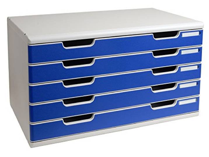 Exacompta - Réf. 322003D - MODULO A3 - Caisson 5 tiroirs fermés pour documents A3+ - Dimensions extérieures : Profondeur 35 x largeur 57\,6 x Hauteur 32 cm - Gris lumière/bleu