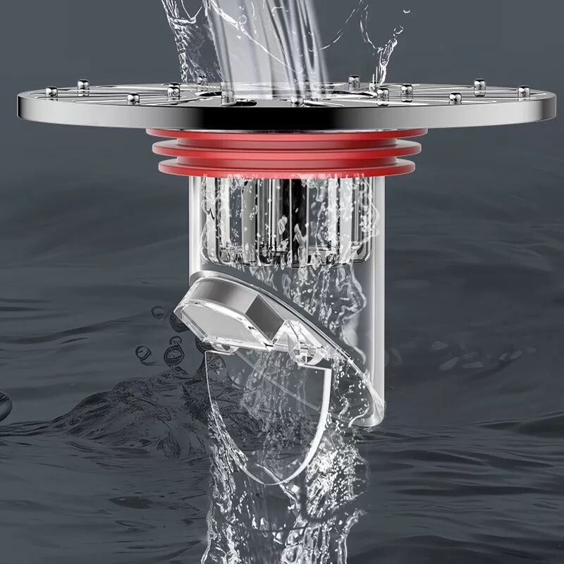 INF Geruchshemmender Bodenablauf – Plug & Play Siphon-Deo für Badezimmer grau + rot