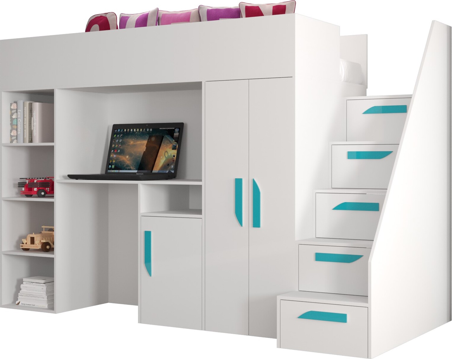Etagenbett für Kinder Party 14 Stockbett mit Treppe und Bettkasten (Weiß + Weiß Glanz + türkise Griffe)