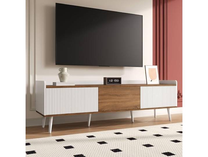 BTM TV Schrank 160cm TV Unterschrank mit 3 Türen TV Möbel Kompakt in Weiß Lowboard mit Kippschutz & erhöhter Kante Stauraum Sideboard für Wohnzimmer