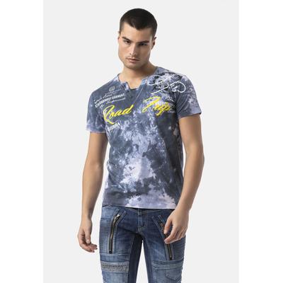 T-Shirt CIPO & BAXX "CT804", Herren, Gr. M, blau, 95% Baumwolle, 5% Elasthan, gemustert, regular fit, V-Ausschnitt, Shirts T-Shirt, auffälligen Empirme-Print-Waschung