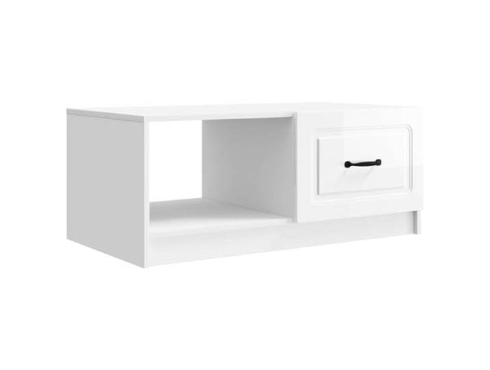 Couchtisch Weiß Hochglanz 90x50x37cm Rechteckige Platte, Verbundholz, 90° Türen, Bargriffe schwarz, große Trennwände, einfache Wartung