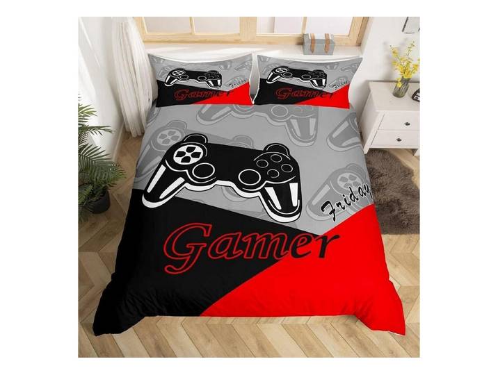 LuxusKollektion Jugendbettwäsche Bettwäsche Gamer Motiv 220x240cm Schwarz Rot Grau