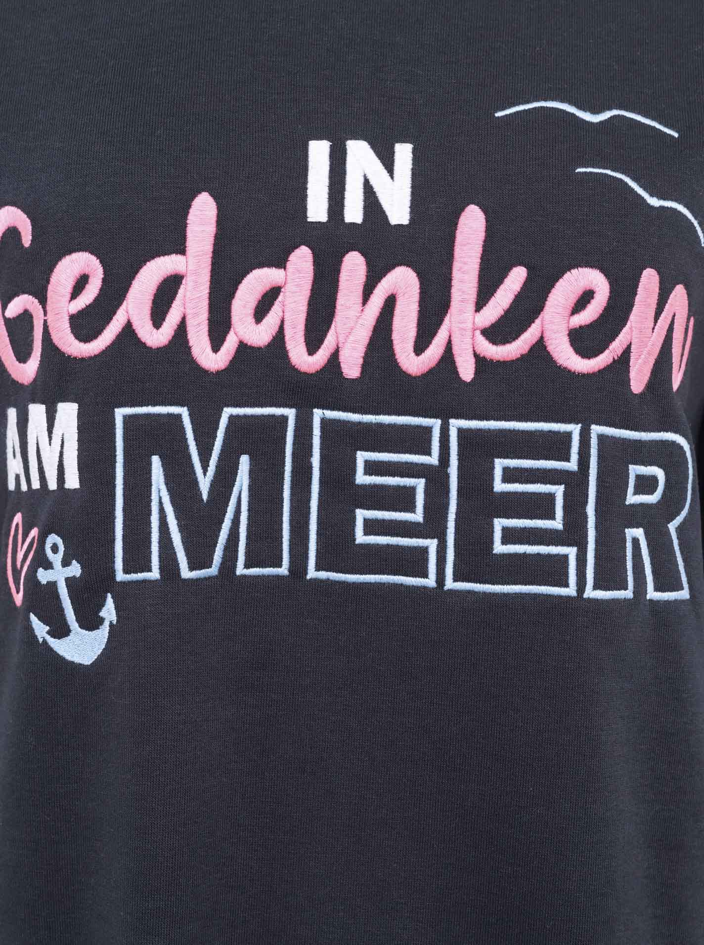3/4-Arm-Shirt ZWILLINGSHERZ "Meer Gedanken", Damen, Gr. S/M, blau (marine), angeraute Sweatware, Obermaterial: 50% Baumwolle, 50% Polyester, Shirts 3/4-Arm-Shirt, 3/4 Arm, mit Martimer Botschaft, ausgefransten Kanten marine S/M