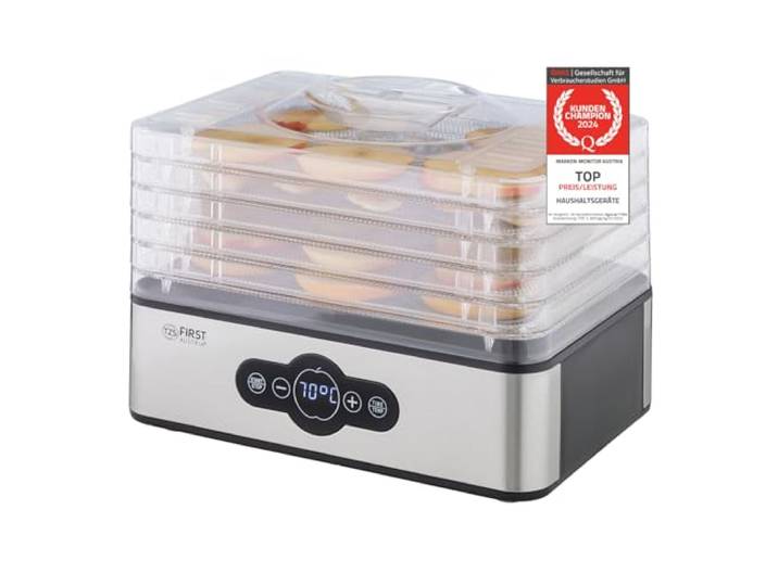 TZS First Austria digitale voedseldroger 5 roestvrijstalen trays Temperatuurinstelling 35-70 °C Timer Fruit-, kruiden- en vleesdroger