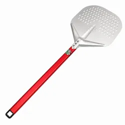Giemme Spoleto - Rechteckige gelochte Pizzaschaufel 36 cm, eloxiertes Aluminium, roter Griff 90 cm
