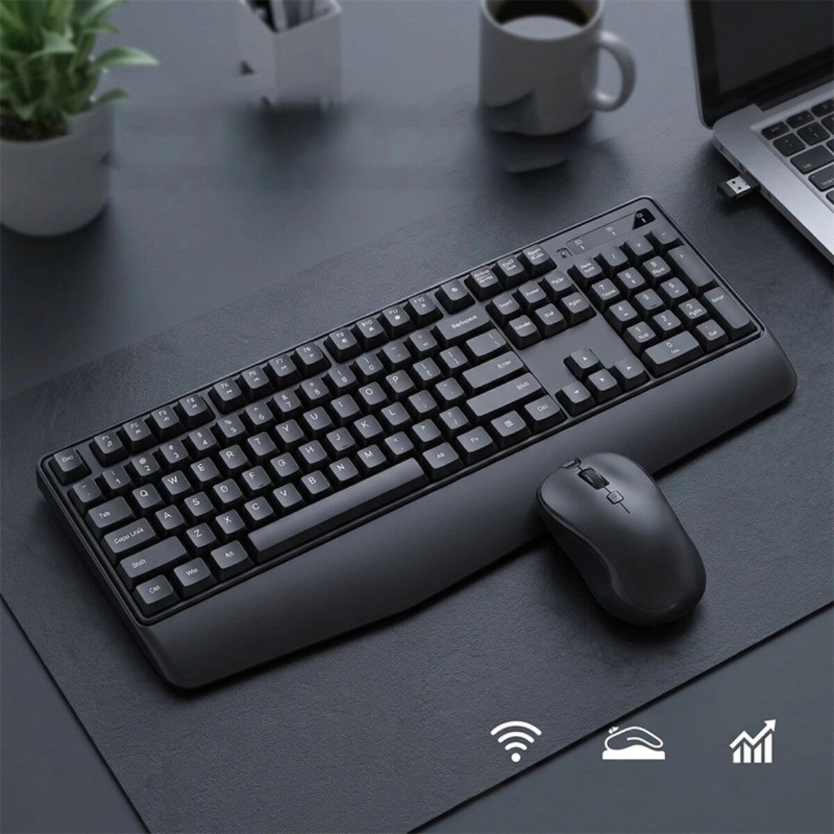 INF Kabelloses Bluetooth Tastatur- und Maus-Set mit geräuschlosen Klicks, ergonomischer Handballenauflage, 8° Neigung,