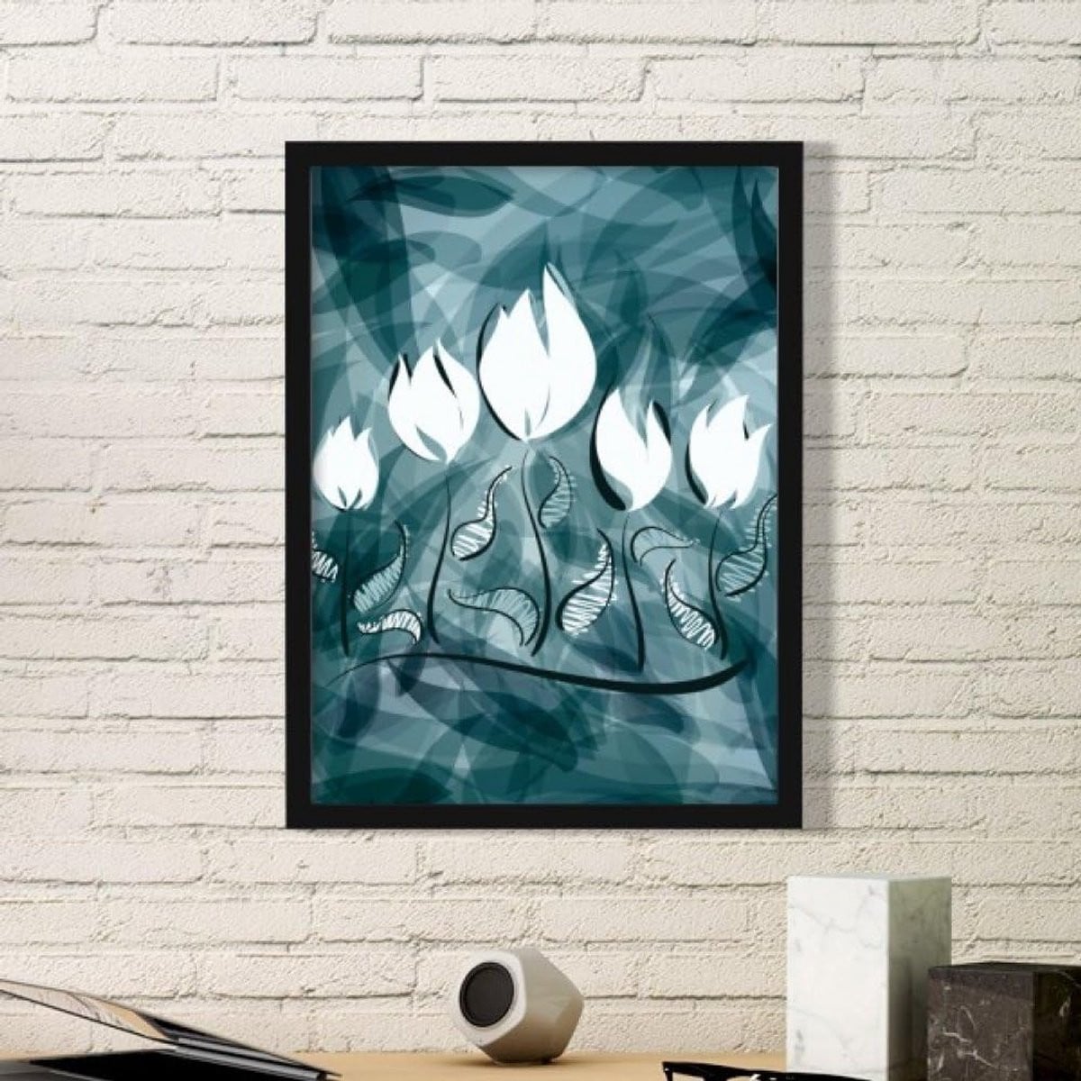 Canvas Kunstprint Bloem Schildering Wanddecoratie met Houten Frame - Zwart - Medium Formaat