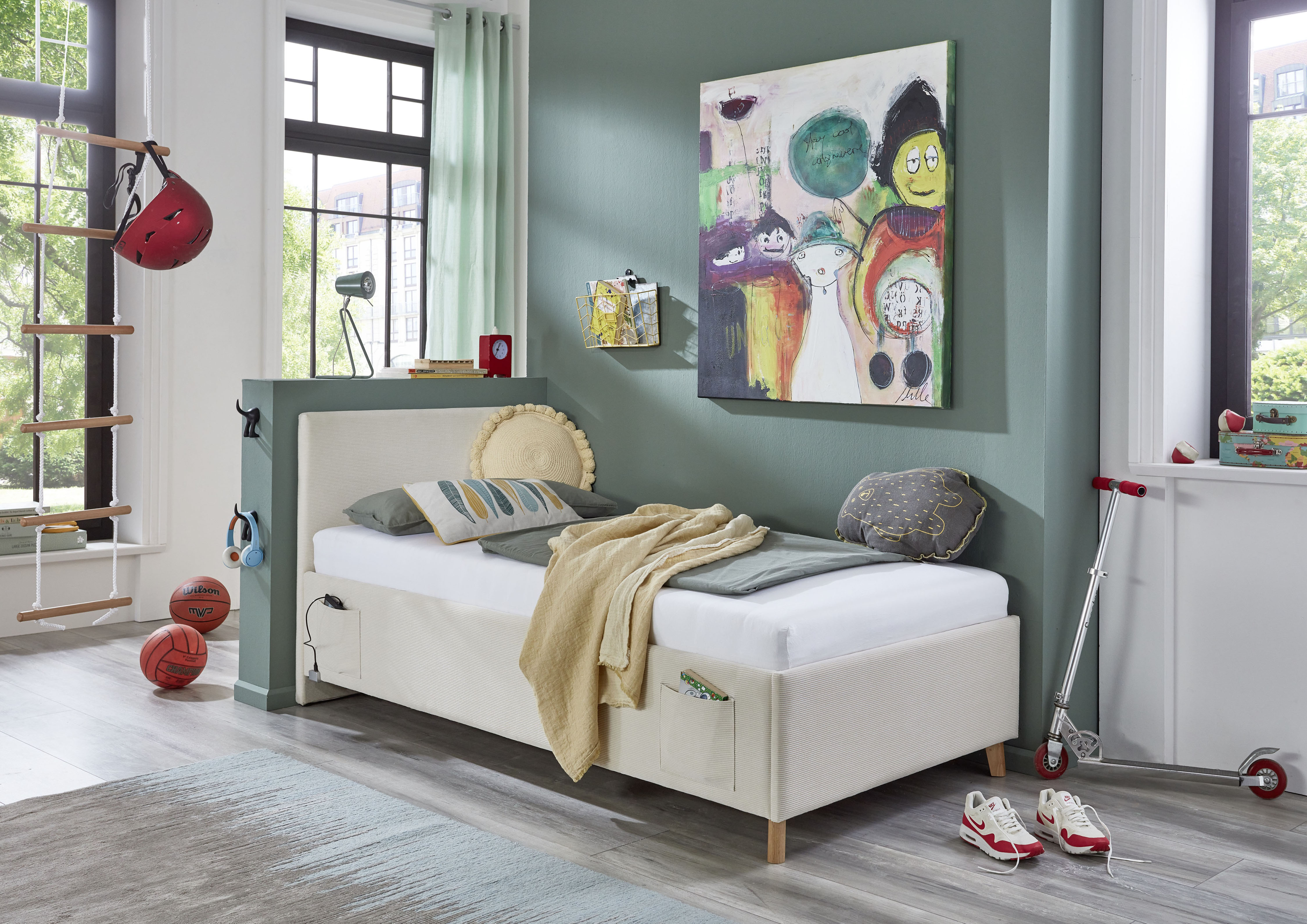 Kinderbett MEISE.MÖBEL "COOL", beige (nata, nata), B:150cm L:210cm, Betten, Kinderbett, Polsterbett wahlweise mit Bettkasten, Jugendbett inkl. USB-Anschluss