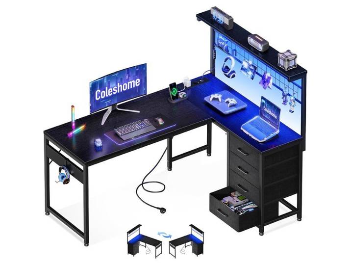 Coleshome Bureau Gaming LED Table gamer avec rangement et éclairage LED 130x100cm Noir