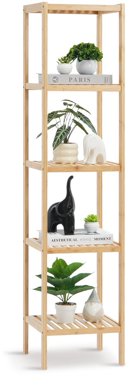 Multifunctioneel 5-laags Bamboe Staand Rek voor Badkamer en Keuken, Vrijstaand en Smal, Natuurlijke Afwerking