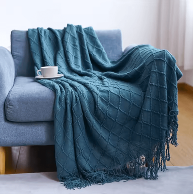 Inspire Curations Mustard Yellow Geometric Knitted Throw Blanket With Fringe diamond Morandi Blue 130x230cm