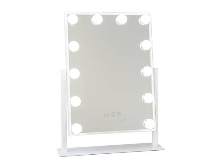 Flamingueo Miroir Coiffeuse - 12 LED - 3 Modes D'Éclairage - Intensité Réglable - Contrôle Tactile - Position Réglable - Miroir Grossissant Inclus - Blanc - 36x47\,5x7\,5cm