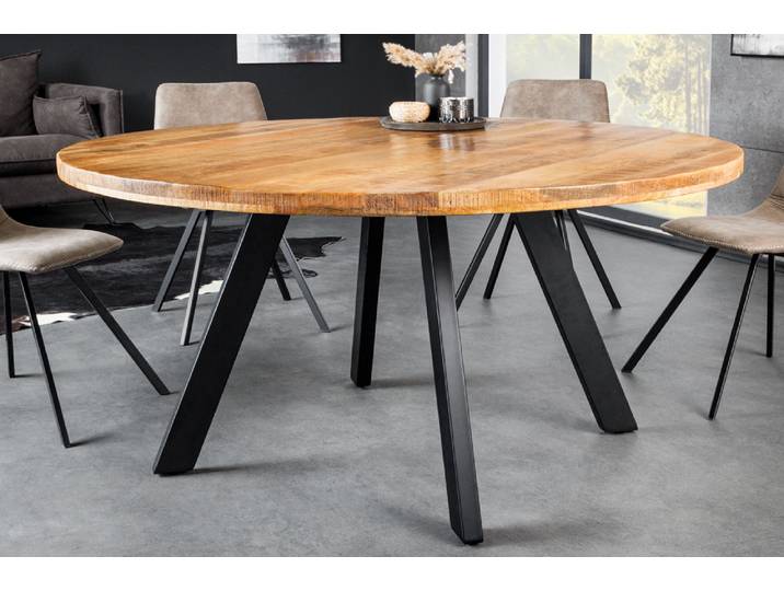 Massiver Esstisch IRON CRAFT 140cm natur rund Mangoholz Metall Industrial Design Esszimmertisch 6 Personen