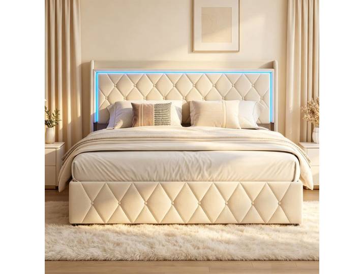 Lit 140 x 200 avec sommier lit coffre 140x200 avec sommier LED USB lit capitonné coffre de lit tissu en velours biege