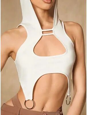 Lush Living Finds Tank Top Sleeveless Hooded Women Streetwear Hollow Out Ring Detail Crop Top white Streetwear s