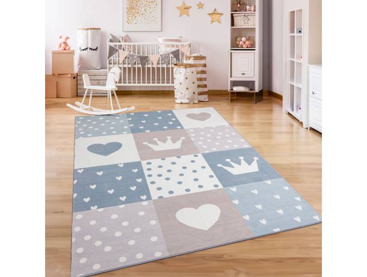 Kinderteppich PACO HOME Eliz 391 , beige, B:160cm H:12mm L:220cm, Polyester, Teppiche, Kinderteppich, Kurzflor, Spielteppich, Patchwork-Muster, Motiv Krone, Herz & Punkte