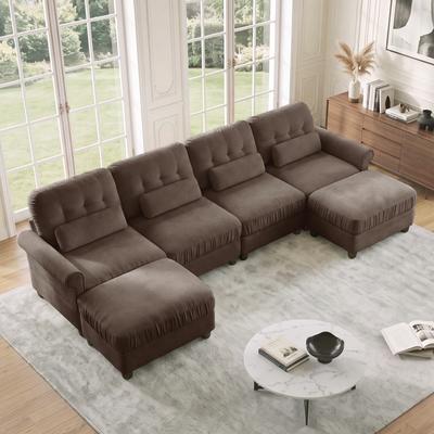 "GDFStudio - Chenille 126.7"" 4-Seater U-Shape Modular Sectional Sofa with Ruffled Edge, Dual Ottomans & Lumbar Pillows"