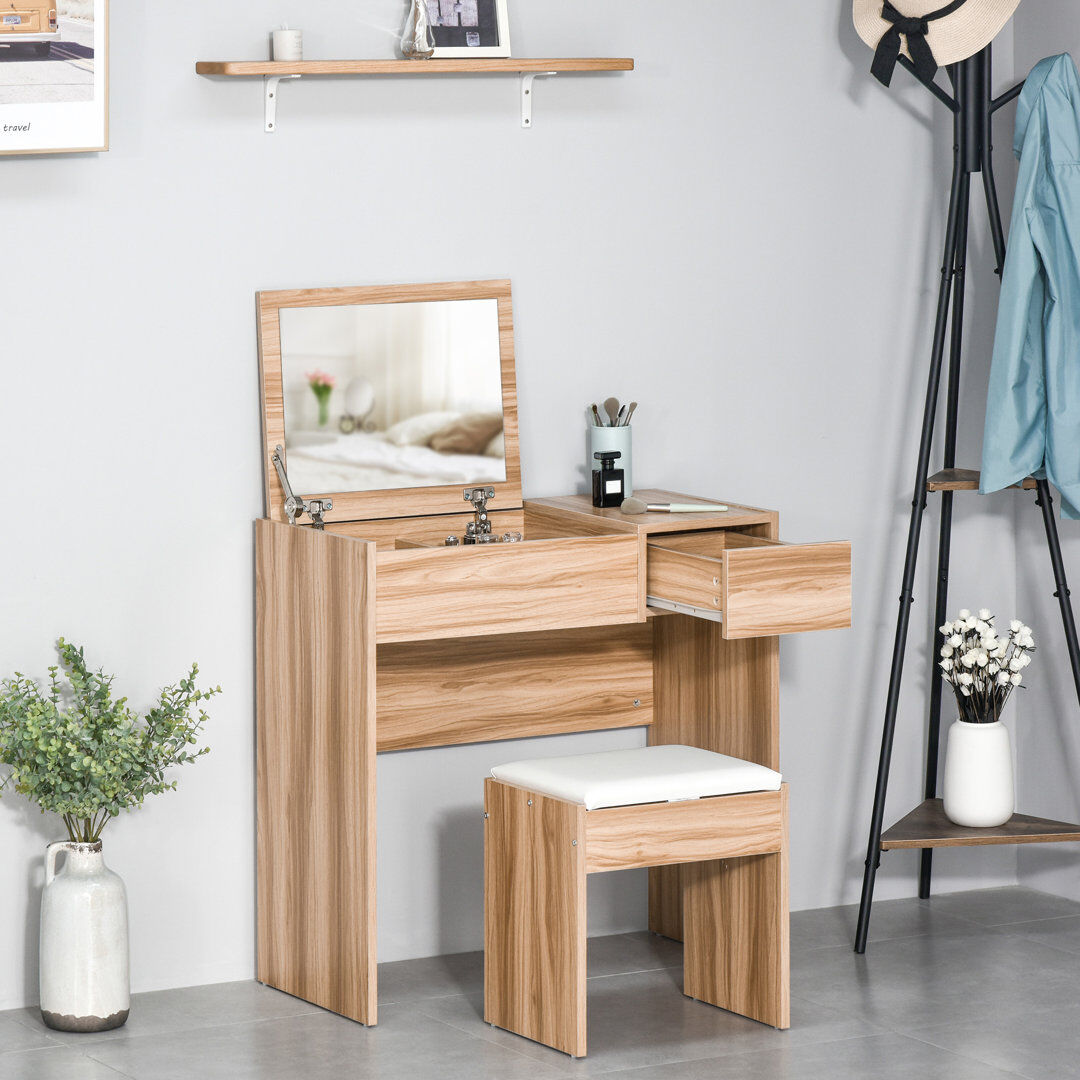 Hashtag Home Copeland Dressing Table Set Stool Flip-up Mirror Drawer Brown 79cm H X 80cm W X 40cm D