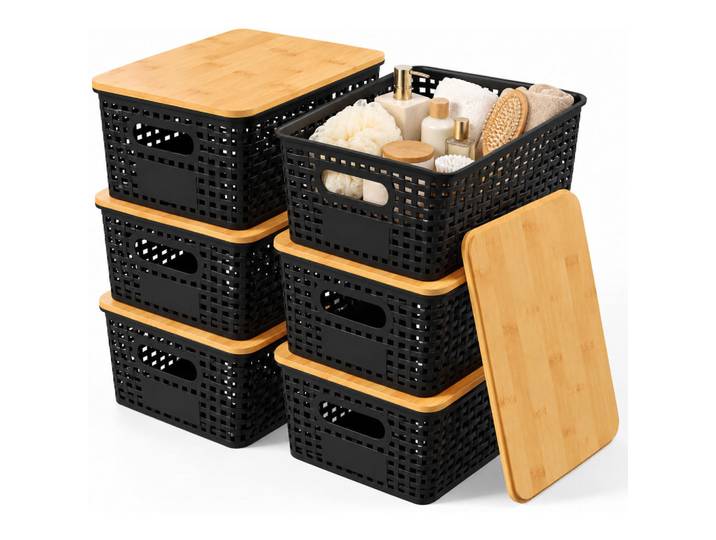 Relaxdays Aufbewahrungsboxen Schwarz 6er-Set Bambusdeckel, Kunststoff, Holz, 25.5x11x18.5 cm, Ordnen & Aufbewahren, Deko- & Aufbewahrungsboxen