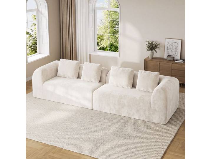 Grand Canapé Modulaire 4 Places en Chenille avec 4 Oreillers Canapé Panoramique Compressé Beige 280×97×66cm