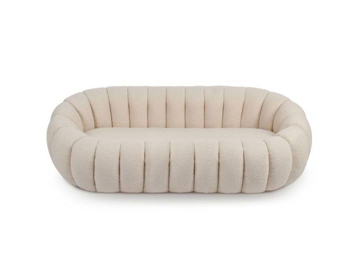 MENZZO Canapé 3 Places design coquillage Horizan Tissu bouclette Crème -L199 x P96 x H62 cm