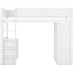 MODFU Hochbett Kiefernholz Weiß 90x200 cm mit Schreibtisch, Kleiderschrank und 2 Schubladen