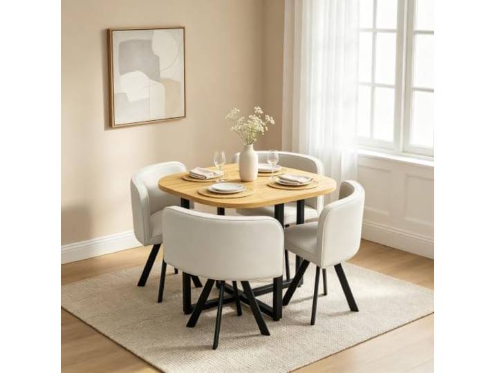 Essgruppe 5-teilig mit quadratischem Tisch & 4 Polsterstühlen, modernes Design (Weiß)