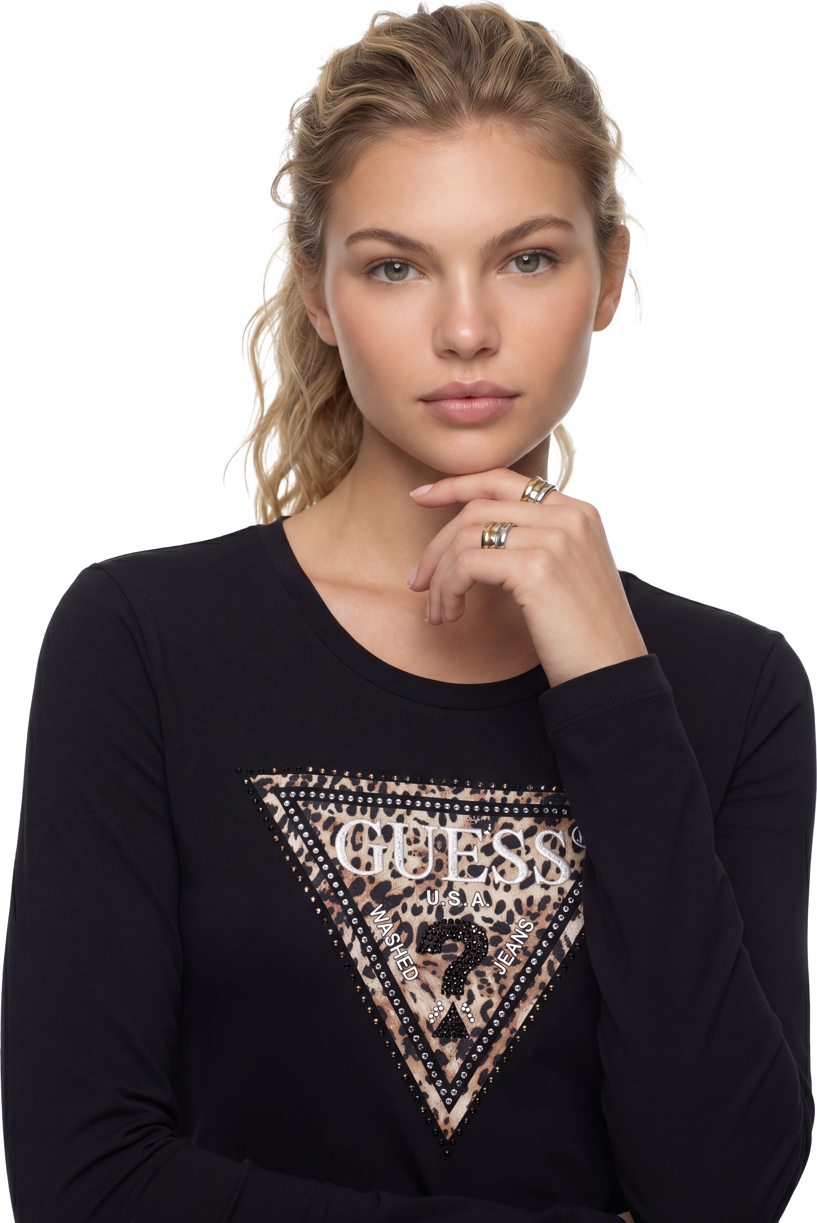 Langarmshirt GUESS "LS CN SAVANNA LEOPARD TRIANGLE", Damen, Gr. L, jet schwarz a996, Single Jersey, Obermaterial: 95% Baumwolle, 5% Elasthan, bedruckt, slim fit hüftlang, Rundhals, abgesteppte Kante, Shirts Langarmshirt, mit markantem Logodesign, Slim Fit