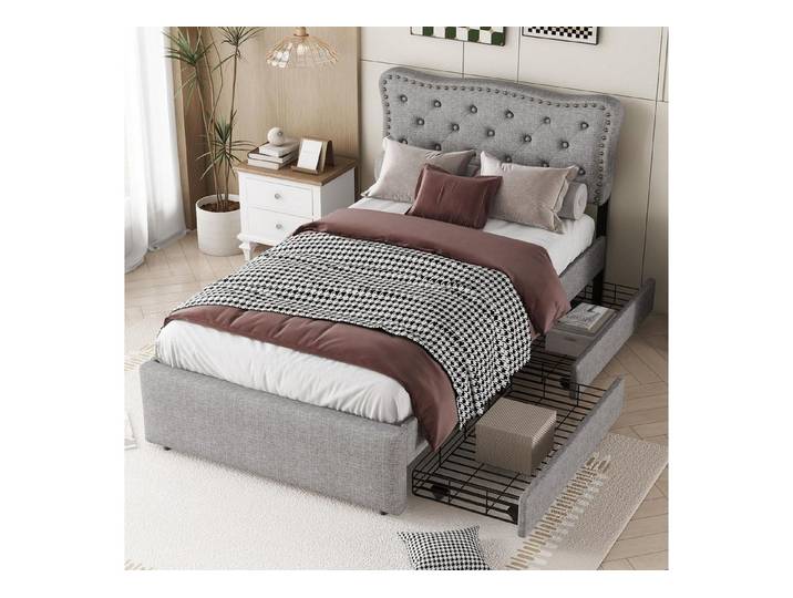 LuxusKollektion Polsterbett Polsterbett Einzelbett 90x200 cm Grau mit Schubladen
