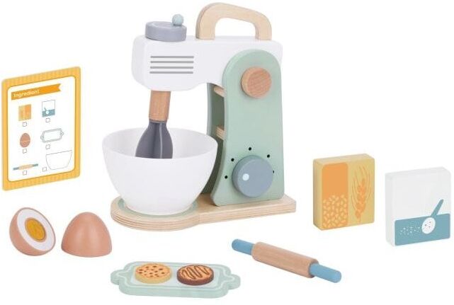 Tooky Toys Wooden Mixer for Toddlers - Includes 12 Molded Eggs, Fabric Flour Sack, and Sugar Pouch - Sustainable Hardwood Construction - Ages 2-5