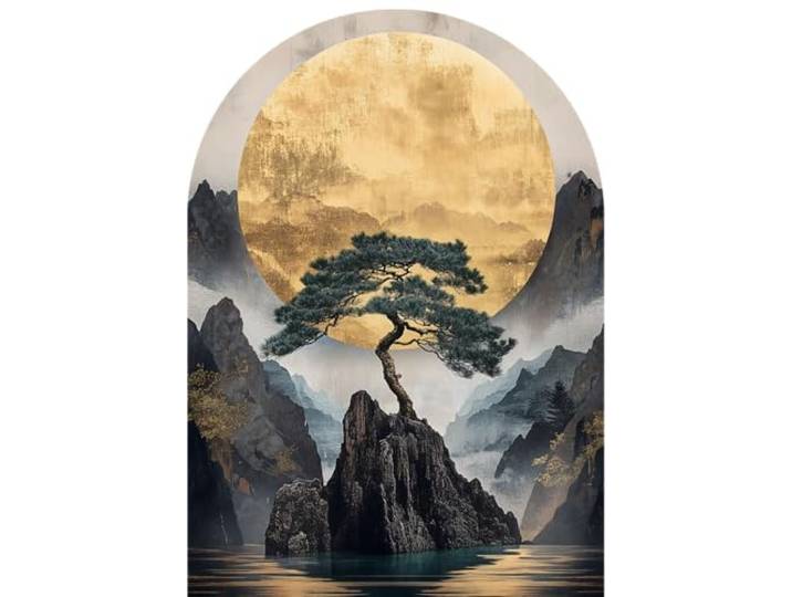 STYLER Glasbild Sato 70x100 cm – Erhabener Bonsai vor goldener Sonne – Japanisches Landschaftsbild im eleganten Bogen-Design