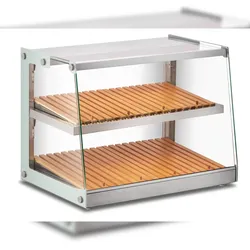 Neutrale Snackvitrine aus Stahl und Glas mit 2 Holzeinlegeböden. LED-Beleuchtung. Maße (BxTxH) 68,4x45,7x51,6 cm. Modell BRD70