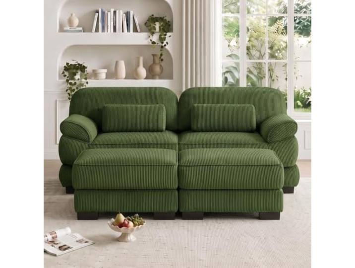 SoarTalent 194cm Modulares Sofa 2-Sitzer mit 2 Hockern, Cord Sofa,Grün Sitzhöhe 53 cm, 61 cm Sitztiefe, abriebfest, pflegeleicht, Holzgestell, sofa wohnzimmer ideal für kleine Räume und Wohnungen
