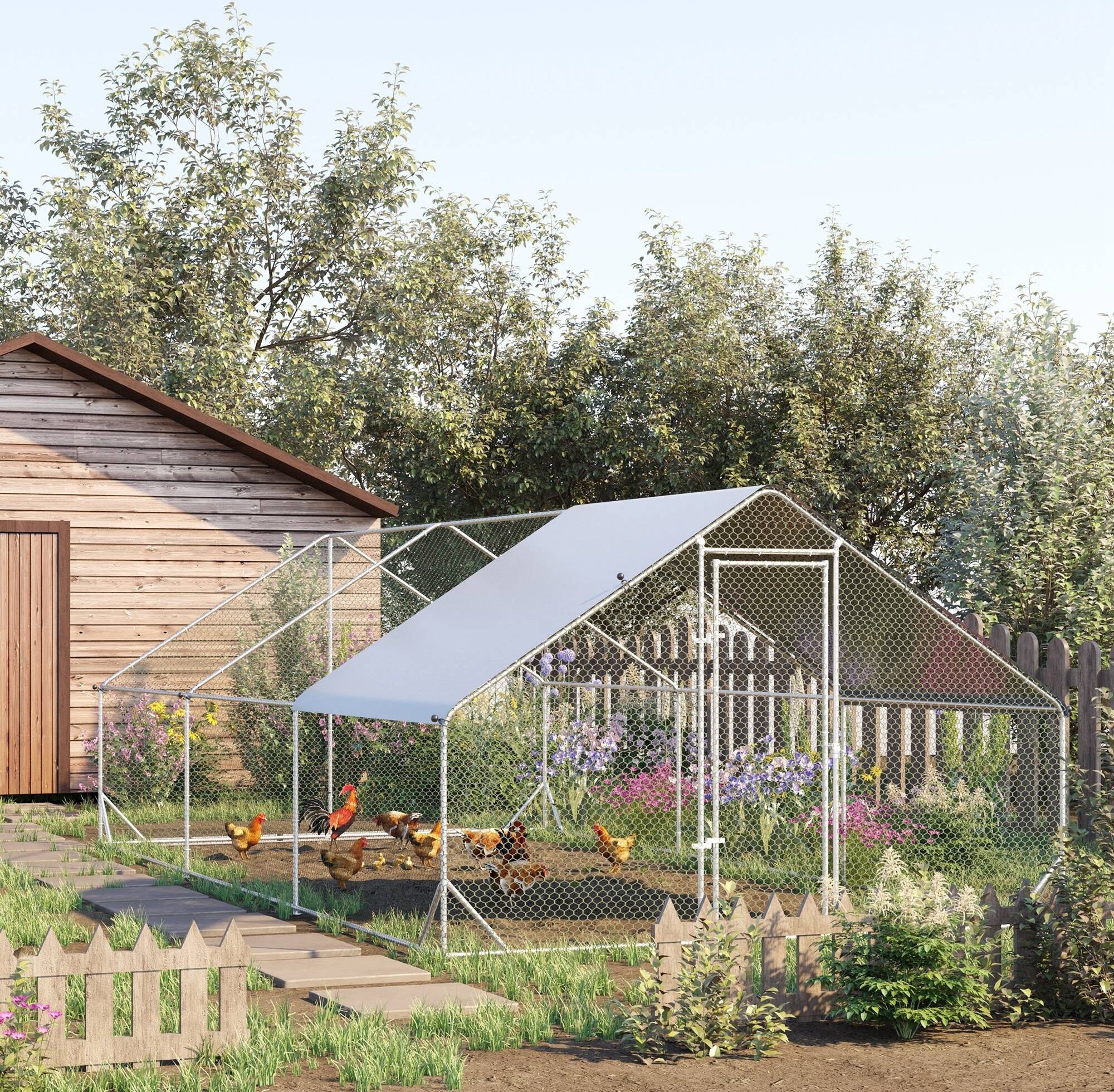 Altro Pollaio Da Giardino Con Telaio Zincato, Copertura Impermeabile E Rete Esagonale, 3x6x2m, Argento