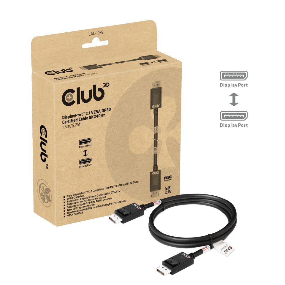 Club 3D DisplayPort 2.1 VESA DP80 zertifiziertes Kabel 8K240Hz St./St. 1,6m schwarz