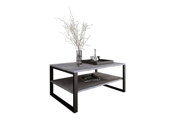 Design Möbel Beistelltisch Couchtisch Rechteckig Wohnzimmertisch Kaffeetisch Modern Sofatisch Tischplatte Tisch mit unterer Ablage Beine aus Metall Industrieller Stil Basic (Beton)