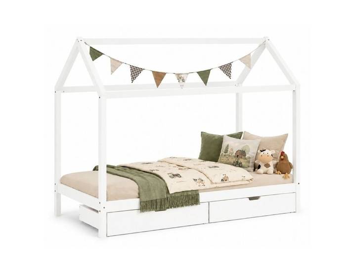 Lit D'Enfant avec Matelas 90x200 cm Lit Maison Lit Cabane Lit Montessori Lit Bois Blanc Tiroir