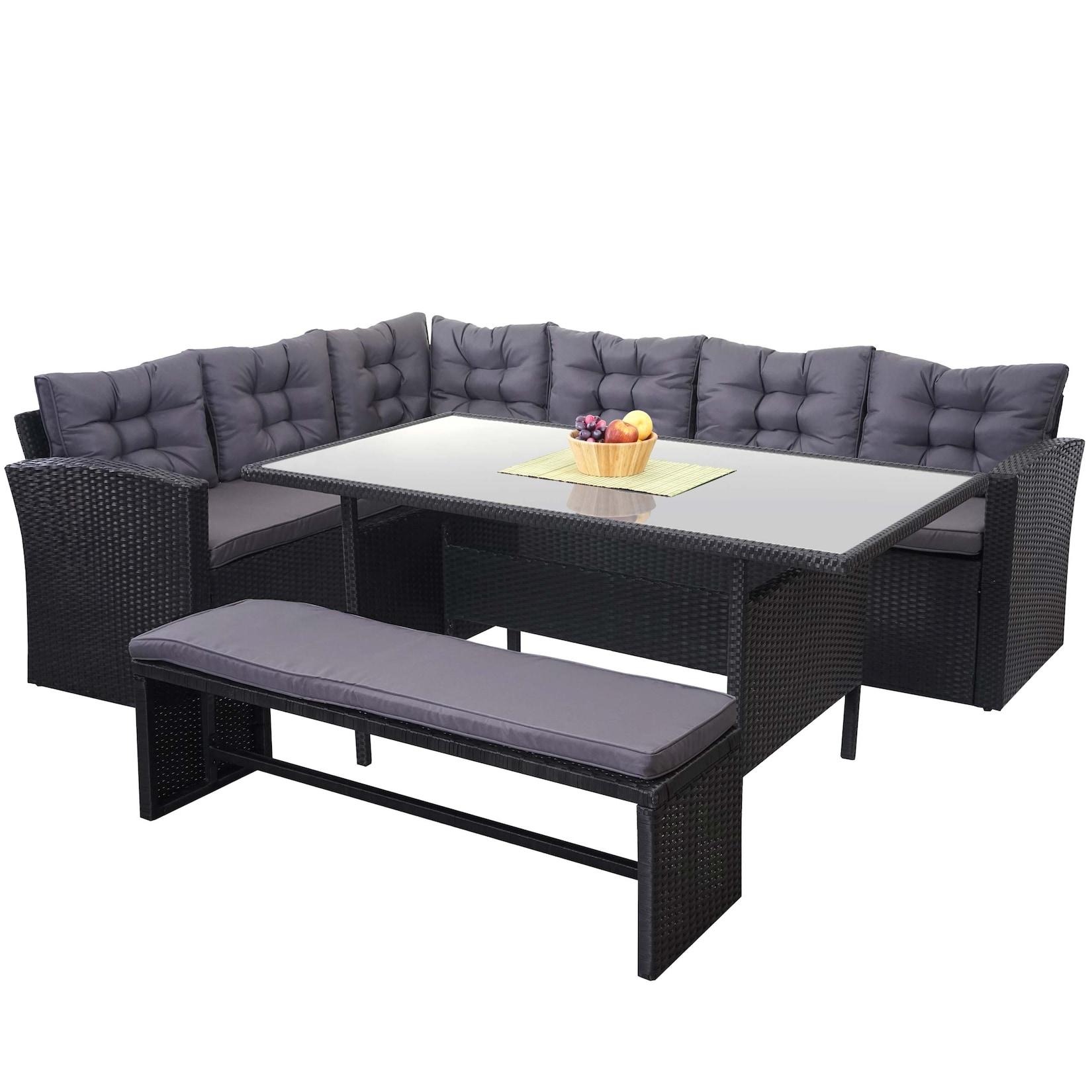 Poly-Rattan-Garnitur MCW-A29, Gartengarnitur Sitzgruppe Lounge-Esstisch-Set, schwarz ~ Kissen dunkelgrau, mit Bank