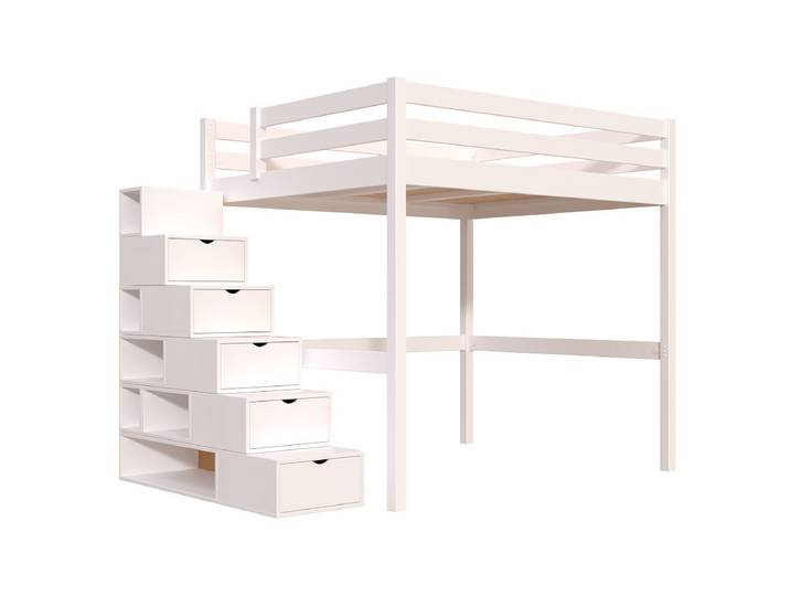 Lit Mezzanine bois 160x200 avec escalier cube Sylvia 160x200 Blanc