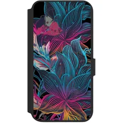 Nivocase Klapphülle für Samsung Galaxy S22+ Handyhülle aus Kunst Leder NIVOflip schwarz Blumen Neon bunt (Samsung Galaxy S22+), Smartphone Hülle, Mehrfarbig, Schwarz
