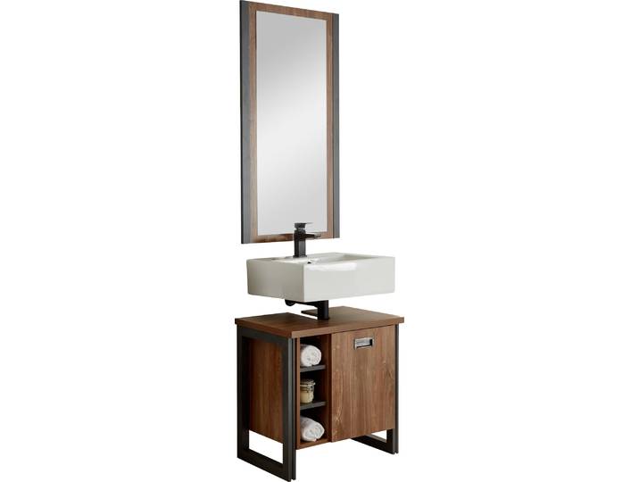 Badmöbel-Set HOME AFFAIRE Detroit, Bad im Industrialdesign, 2-teiliges Badezimmer , gelb (eiche honigfarben dekor, schiefer, nachbildung), Kastenmöbel-Sets, Badmöbel-Set, Waschbeckenunterschrank und Spiegel, holzfarben, mit offenen Fächern